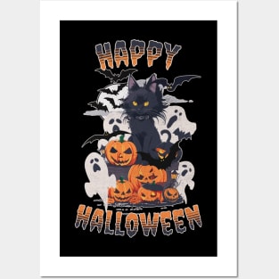 HAPPY HALLOWEEN - BLACK CAT, GHOSTS & PUMPKINS Posters and Art